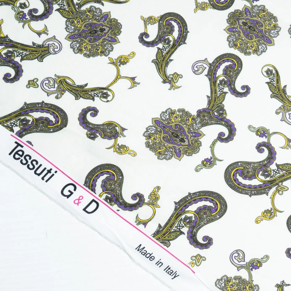 Purple & Yellow Paisley Printed White Luxury Cotton