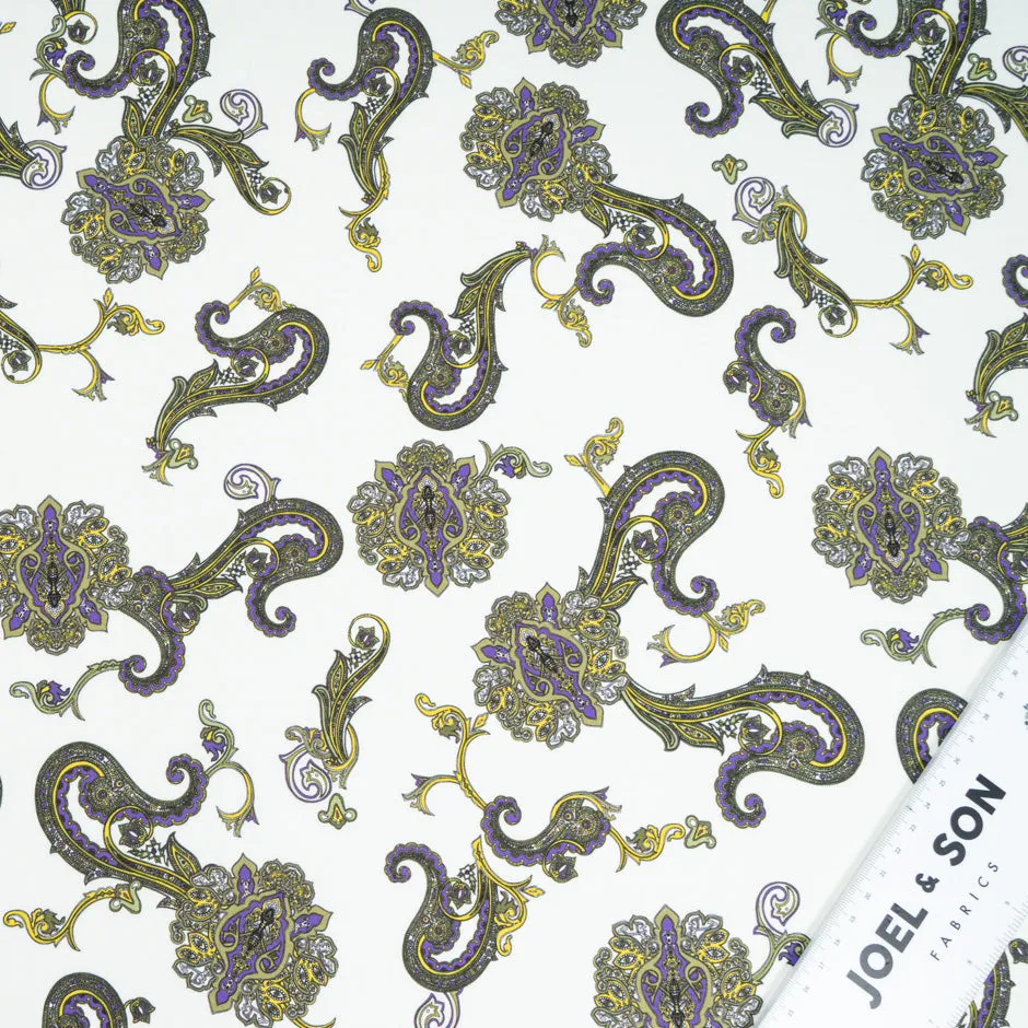 Purple & Yellow Paisley Printed White Luxury Cotton