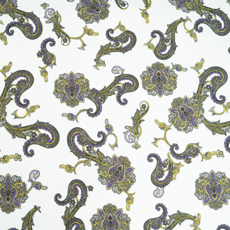 Purple & Yellow Paisley Printed White Luxury Cotton