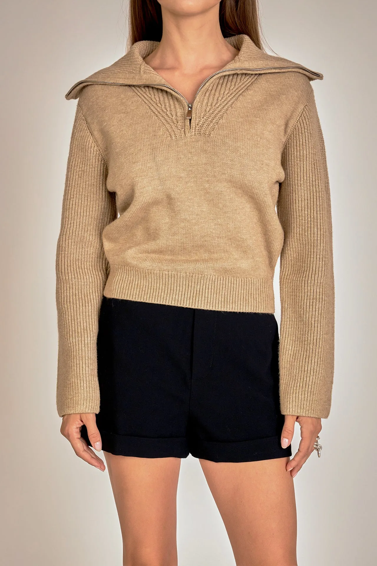 Ribbed Contrast Zip Up Sweater