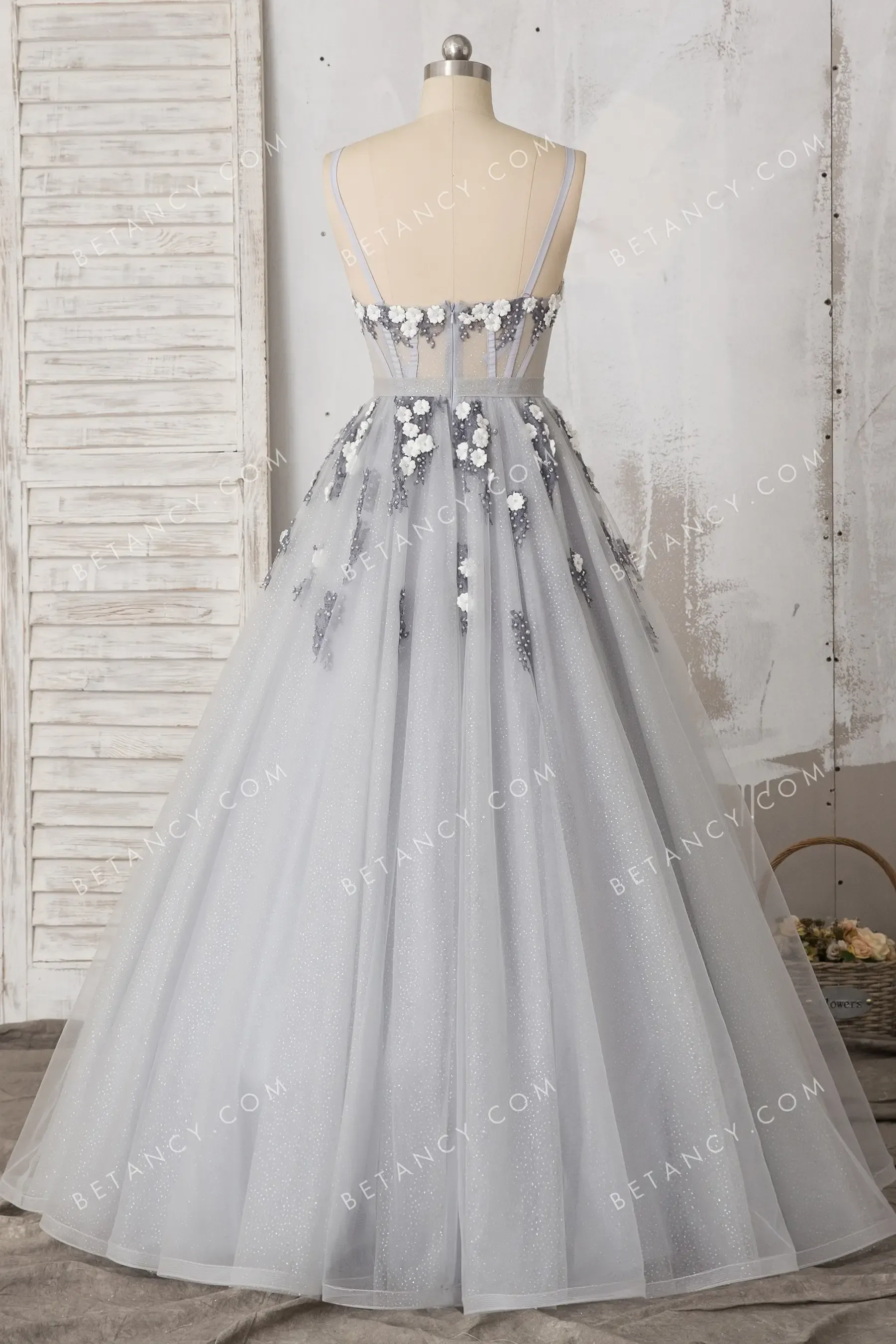 Silver Gray Pearls Flowers Glitter Tulle Formal Dress