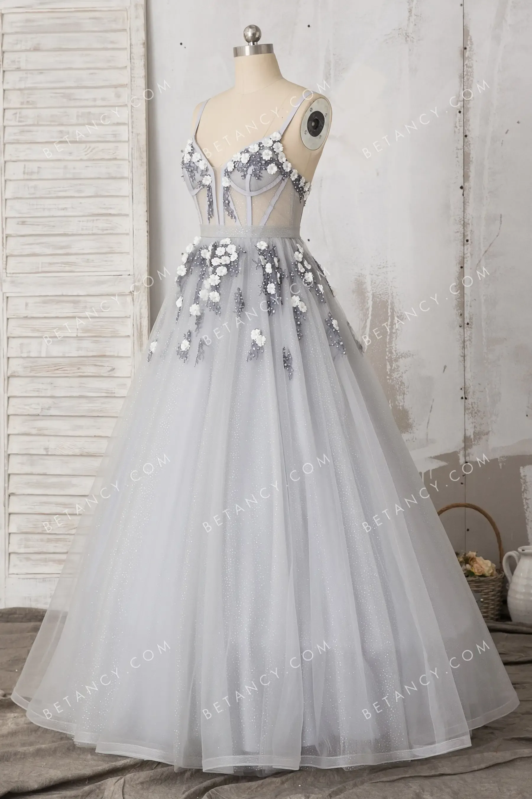 Silver Gray Pearls Flowers Glitter Tulle Formal Dress