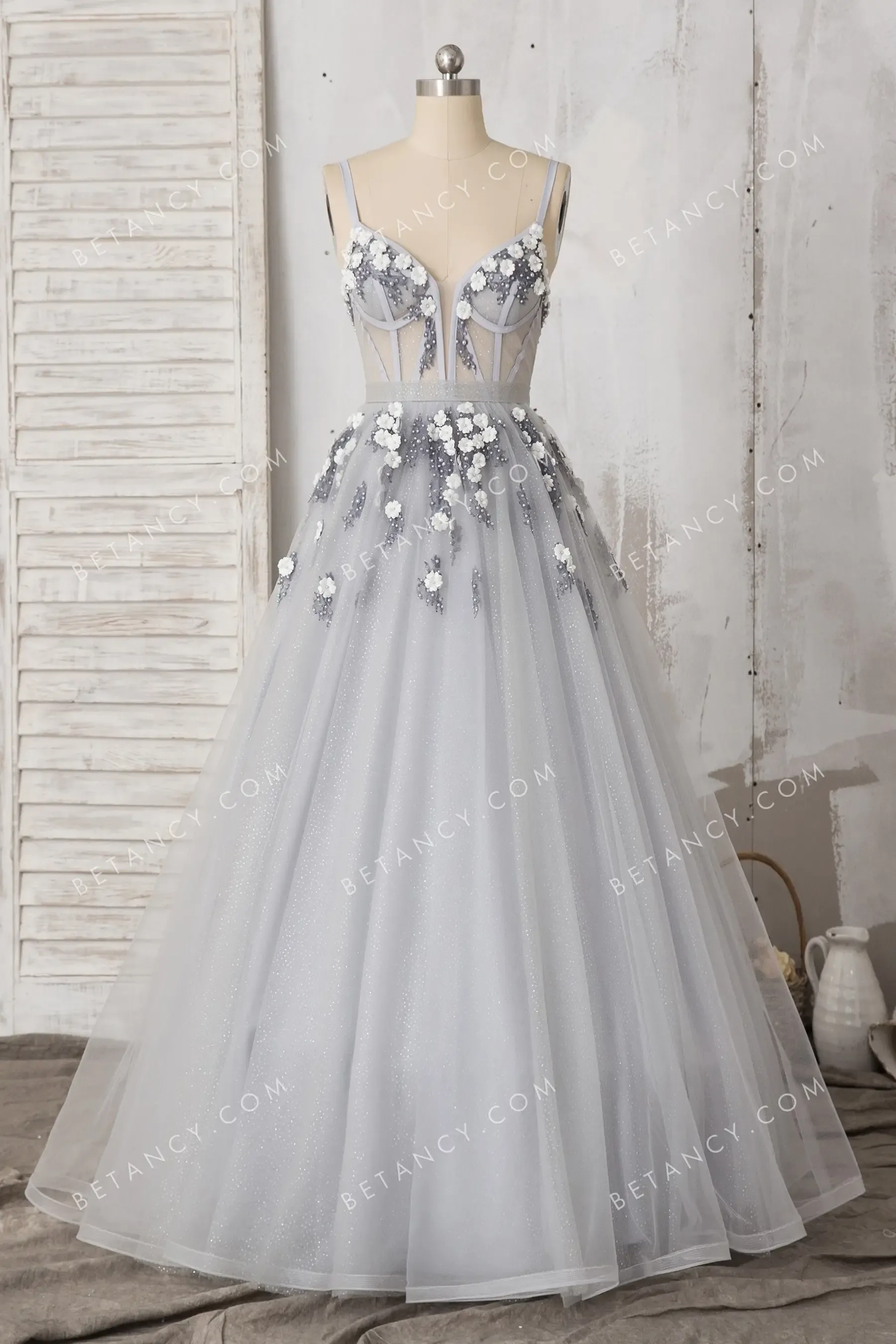 Silver Gray Pearls Flowers Glitter Tulle Formal Dress