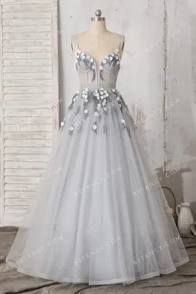 Silver Gray Pearls Flowers Glitter Tulle Formal Dress