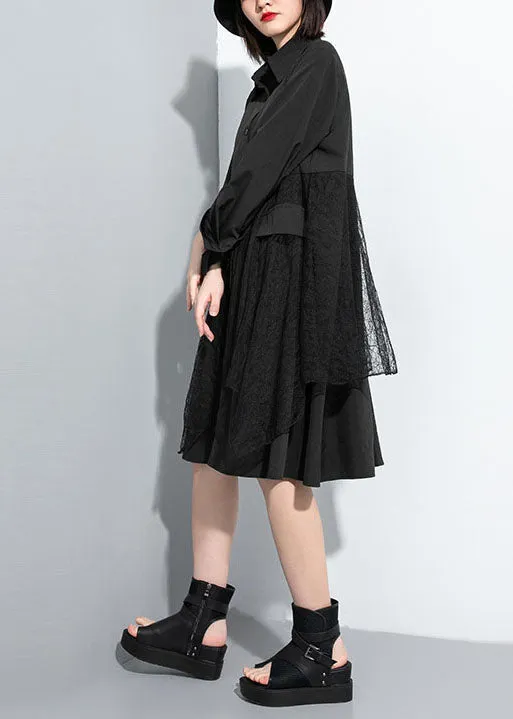 Simple Black Button Peter Pan Collar lace Patchwork shirt Dresses Spring