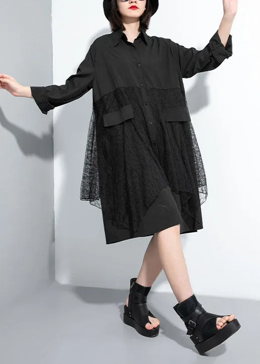 Simple Black Button Peter Pan Collar lace Patchwork shirt Dresses Spring