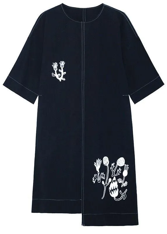 Stylish Black Embroideried Button Asymmetrical Design Fall Long sleeve Dresses