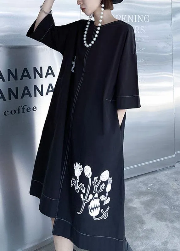 Stylish Black Embroideried Button Asymmetrical Design Fall Long sleeve Dresses