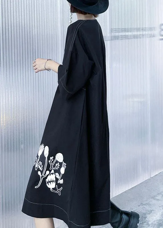 Stylish Black Embroideried Button Asymmetrical Design Fall Long sleeve Dresses