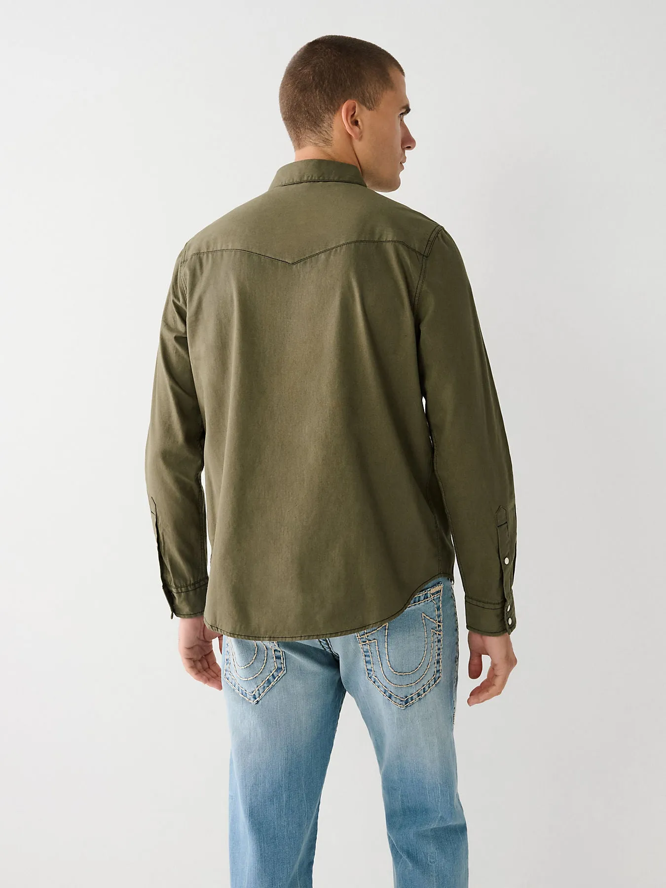 True Religion Men Green Solid Spread Collar Long Sleeves Shirt