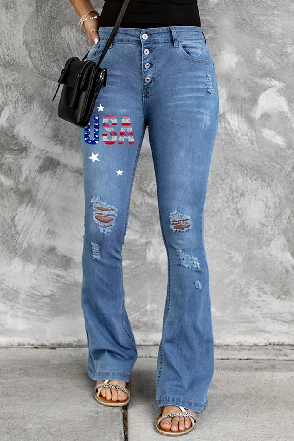 USA Star Ripped Jeans for Women Distressed Flare Jeans