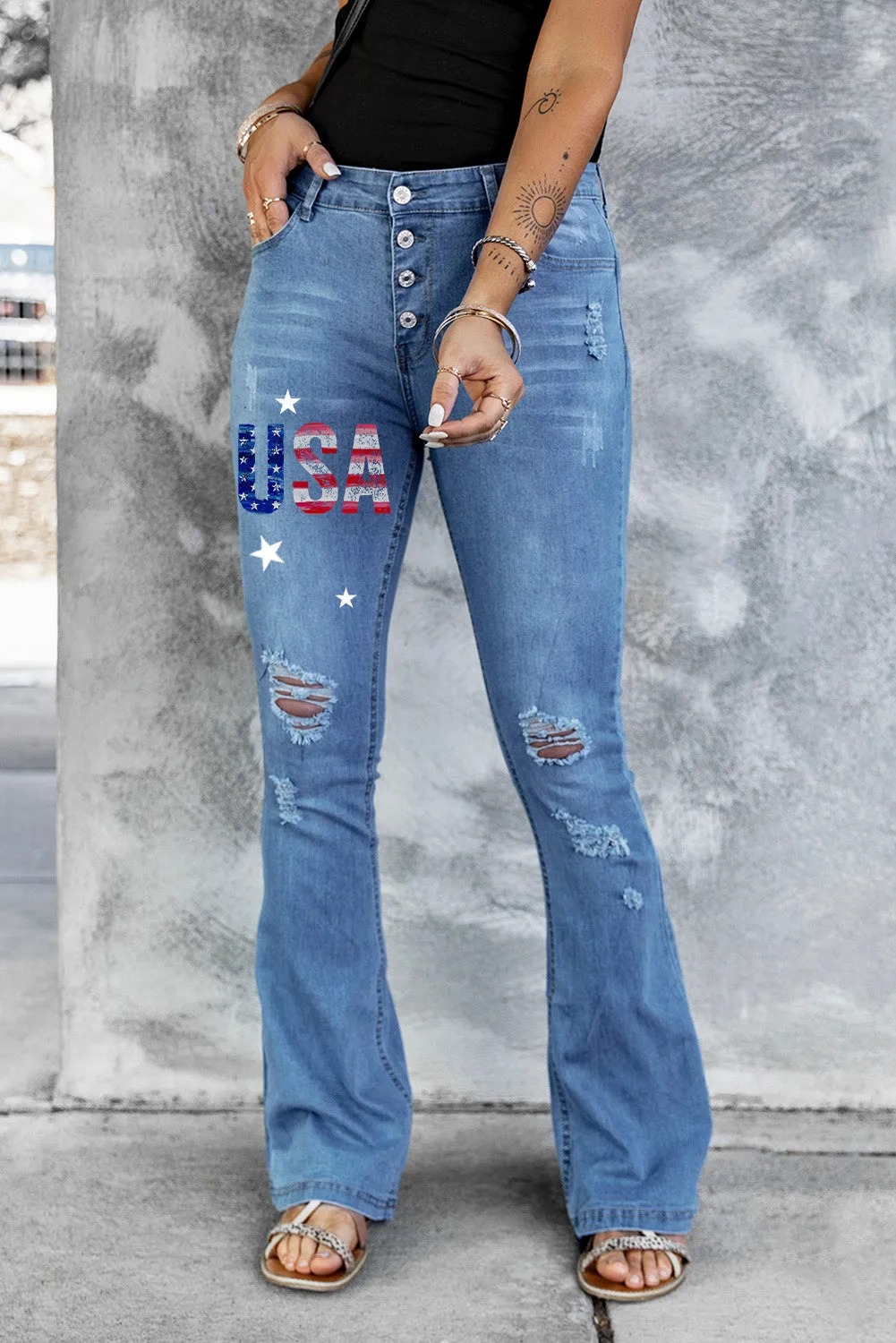 USA Star Ripped Jeans for Women Distressed Flare Jeans