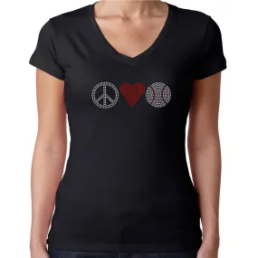 Womens T-Shirt Rhinestone Bling Black Fitted Tee Peace Love Baseball Red Heart