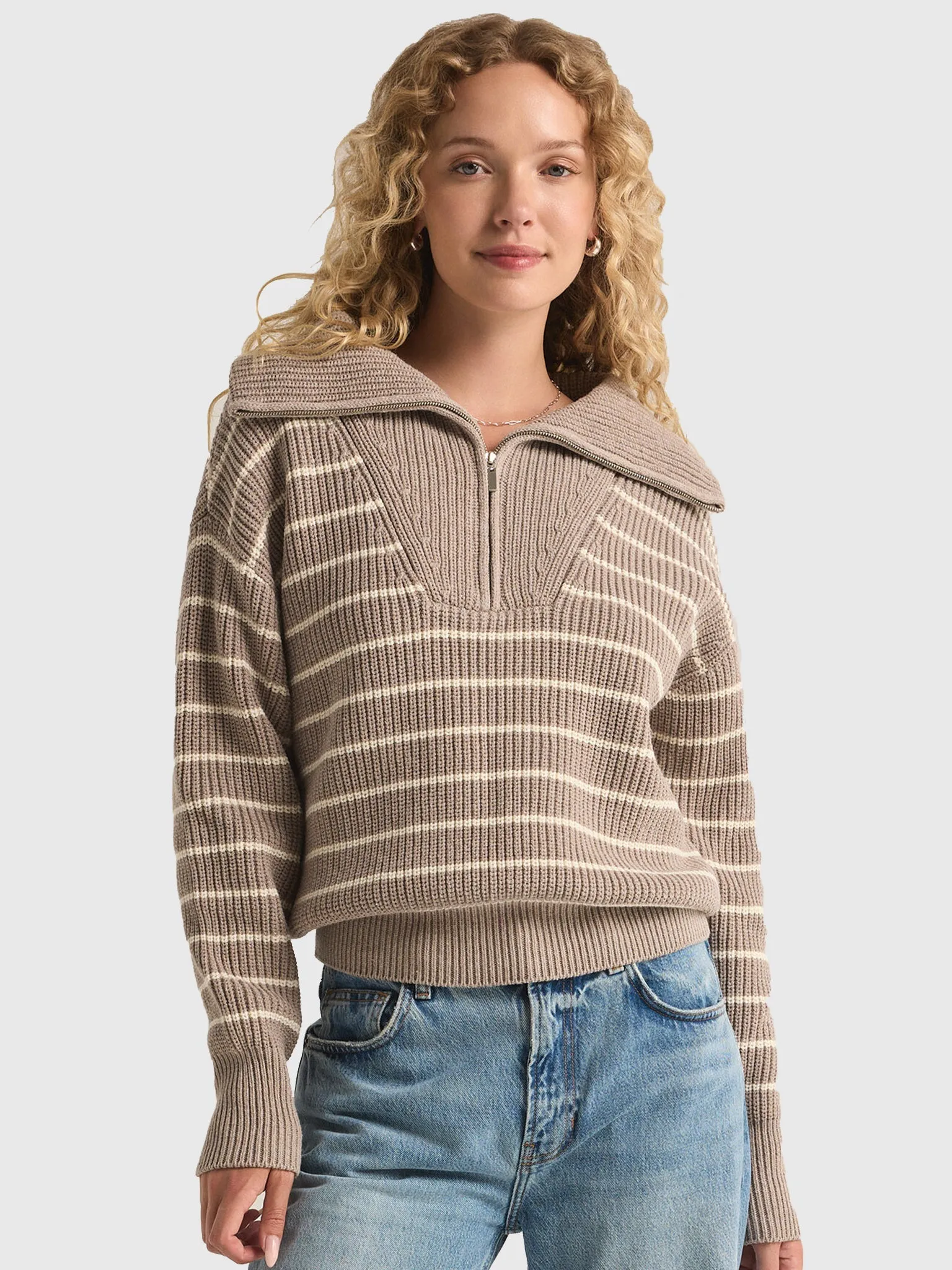 Z-Supply Villa Half Zip Stripe Sweater - HEATHER TAUPE